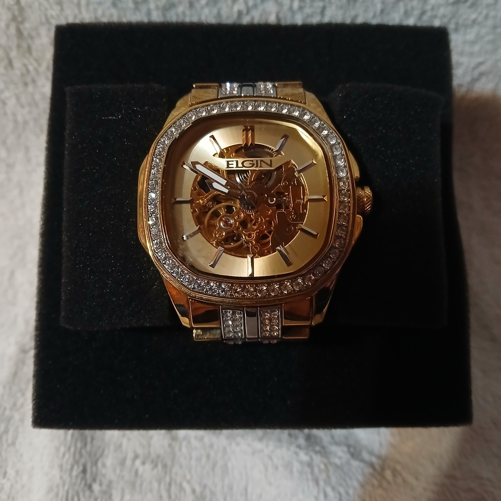 Elgin Men’s Gold-Tone Skeleton Watch with Crystal Accents